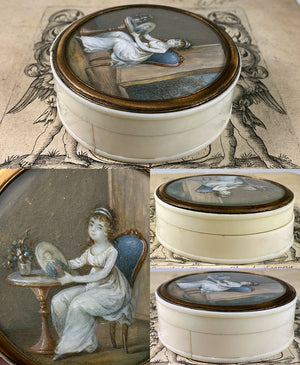 Tiniest French Empire Portrait Miniature, Ivory Snuff Box, Interior Scene with Painting, Furniture