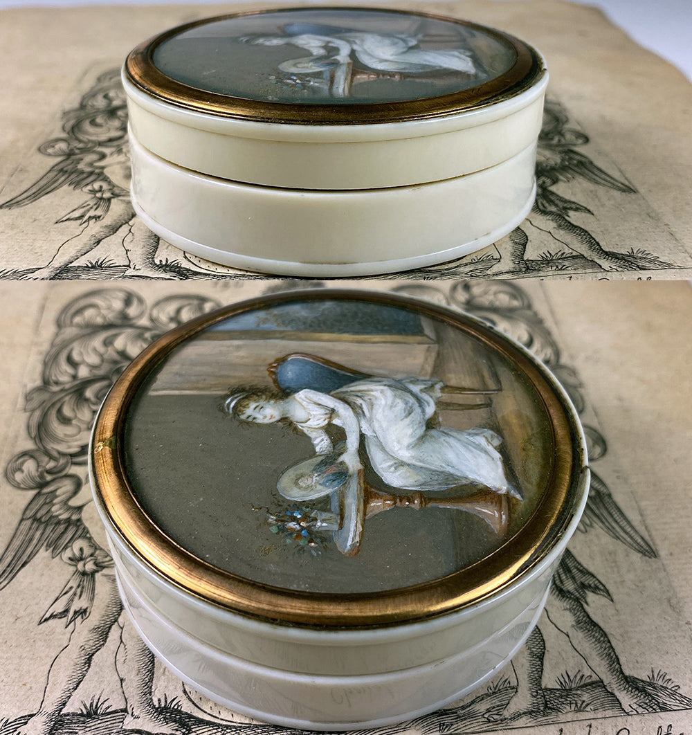 Tiniest French Empire Portrait Miniature, Ivory Snuff Box, Interior Scene with Painting, Furniture