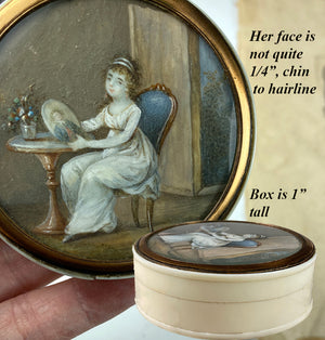 Tiniest French Empire Portrait Miniature, Ivory Snuff Box, Interior Scene with Painting, Furniture