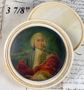 Antique c. 1700s Oil Painting Portrait Miniature on Metal, on Large Ivory Table Snuff Box, Louis XV