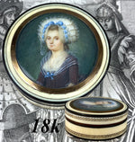 Superb Rare c.1750s French Portrait Miniature, Young Beauty in 18k, Carved Ivory Snuff Box