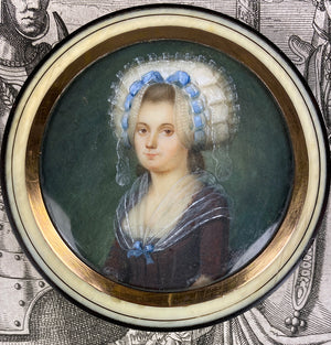 Superb Rare c.1750s French Portrait Miniature, Young Beauty in 18k, Carved Ivory Snuff Box