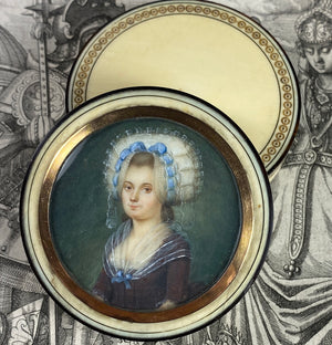 Superb Rare c.1750s French Portrait Miniature, Young Beauty in 18k, Carved Ivory Snuff Box