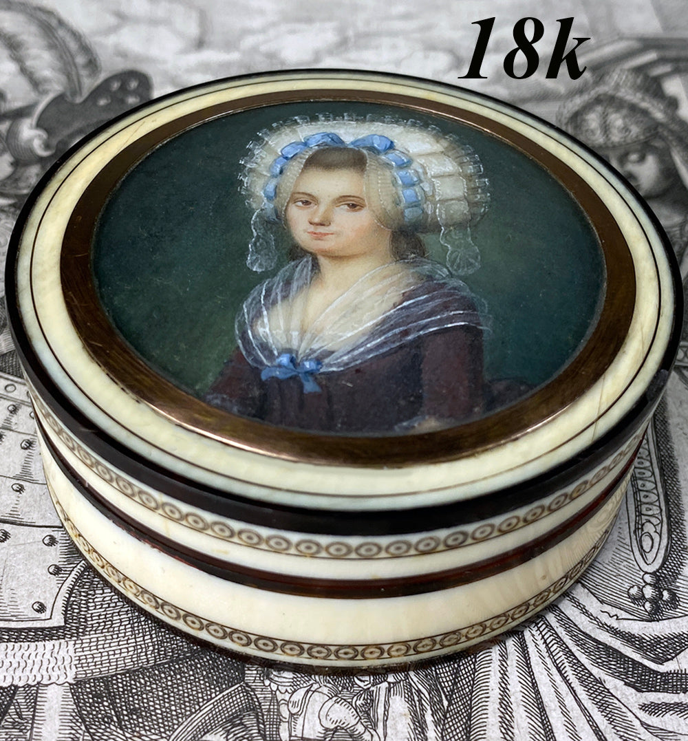 Superb Rare c.1750s French Portrait Miniature, Young Beauty in 18k, Carved Ivory Snuff Box