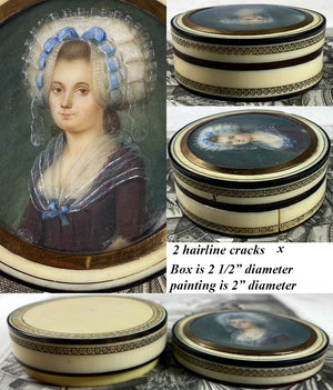 Superb Rare c.1750s French Portrait Miniature, Young Beauty in 18k, Carved Ivory Snuff Box