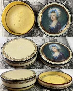 Superb Rare c.1750s French Portrait Miniature, Young Beauty in 18k, Carved Ivory Snuff Box