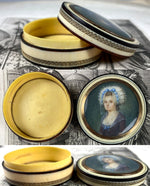 Superb Rare c.1750s French Portrait Miniature, Young Beauty in 18k, Carved Ivory Snuff Box