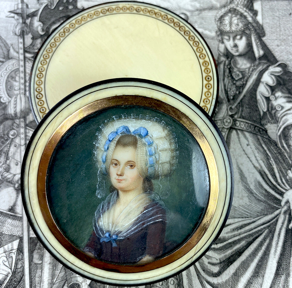 Superb Rare c.1750s French Portrait Miniature, Young Beauty in 18k, Carved Ivory Snuff Box