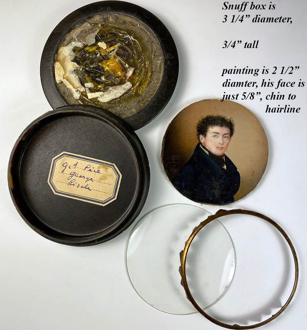 Fine Antique French Portrait Miniature Snuff Box, Artist Signed and Dated 1819, Blue-eyed Man