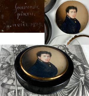 Fine Antique French Portrait Miniature Snuff Box, Artist Signed and Dated 1819, Blue-eyed Man