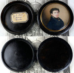 Fine Antique French Portrait Miniature Snuff Box, Artist Signed and Dated 1819, Blue-eyed Man