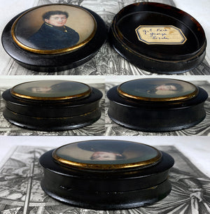 Fine Antique French Portrait Miniature Snuff Box, Artist Signed and Dated 1819, Blue-eyed Man