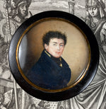 Fine Antique French Portrait Miniature Snuff Box, Artist Signed and Dated 1819, Blue-eyed Man