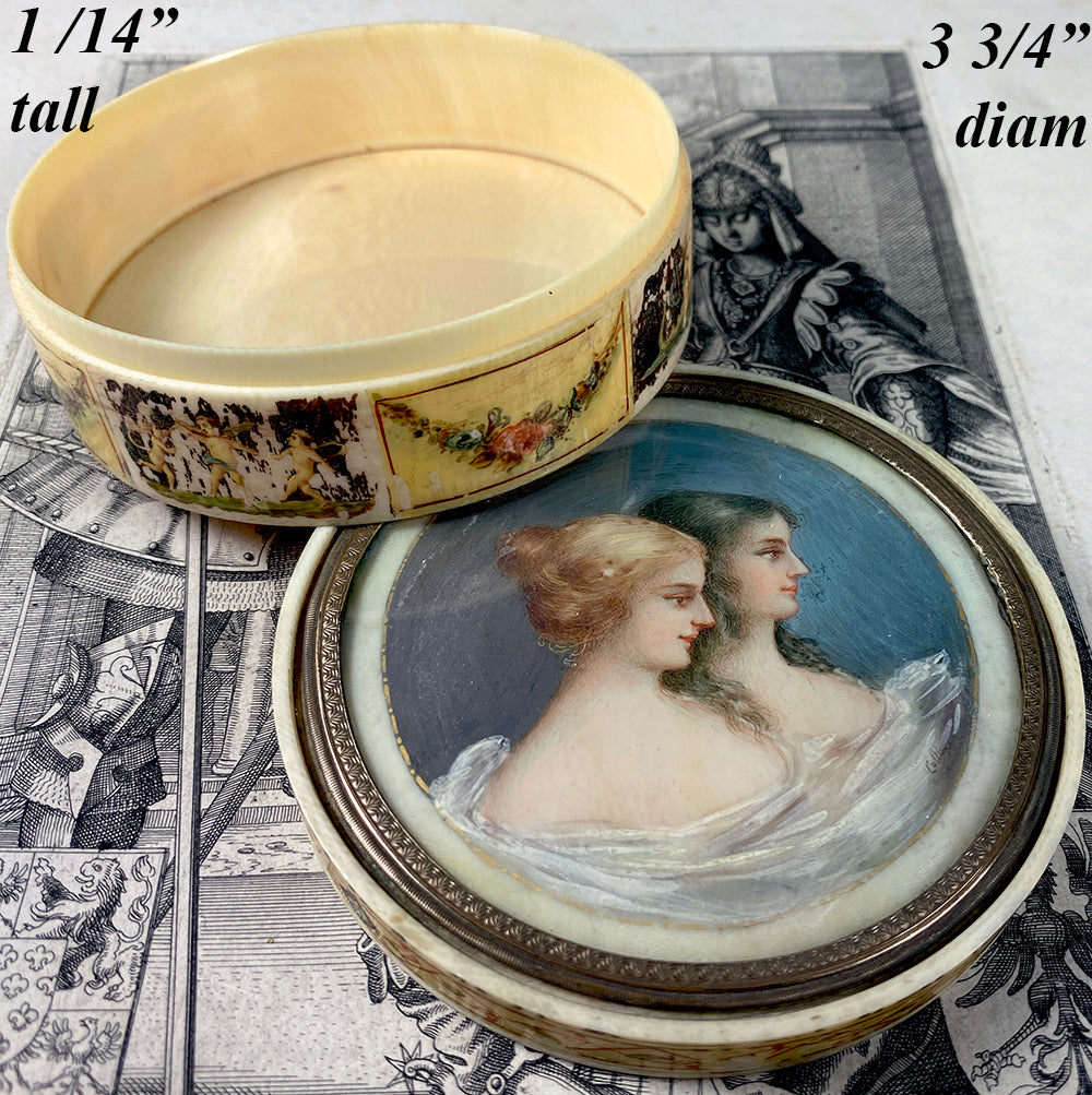 Splendid Antique French Portrait Miniature 3.75" Snuff or Powder Box, Vernis Martin, Ivory