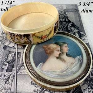 Splendid Antique French Portrait Miniature 3.75" Snuff or Powder Box, Vernis Martin, Ivory