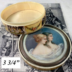 Splendid Antique French Portrait Miniature 3.75" Snuff or Powder Box, Vernis Martin, Ivory