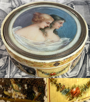 Splendid Antique French Portrait Miniature 3.75" Snuff or Powder Box, Vernis Martin, Ivory