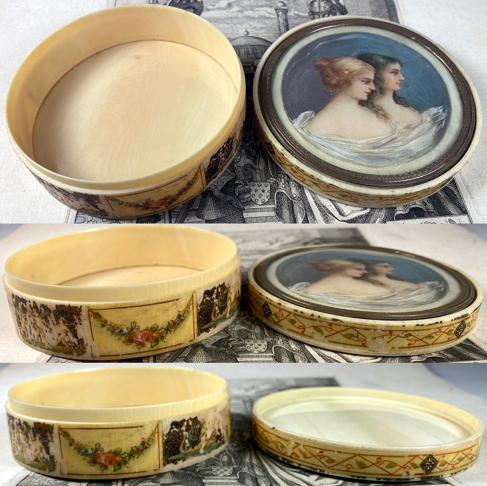 Splendid Antique French Portrait Miniature 3.75" Snuff or Powder Box, Vernis Martin, Ivory