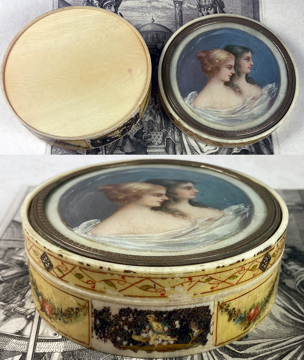 Splendid Antique French Portrait Miniature 3.75" Snuff or Powder Box, Vernis Martin, Ivory