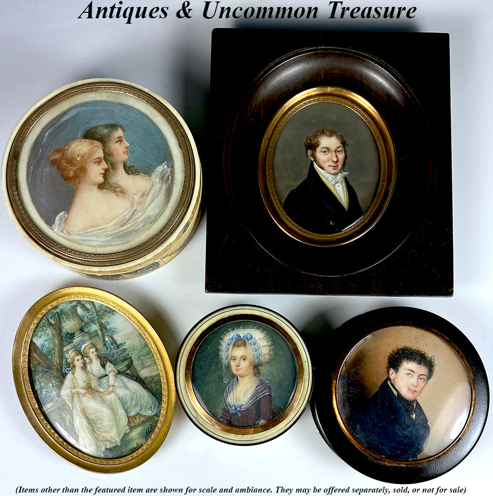 Splendid Antique French Portrait Miniature 3.75" Snuff or Powder Box, Vernis Martin, Ivory