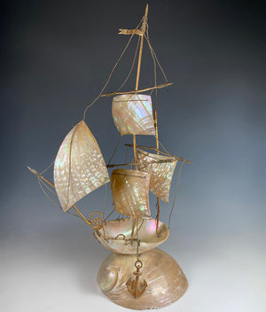 Antique 16" Tall 19th Century French Mother of Pearl Sail Boat Trinket Souvenir, Abalone