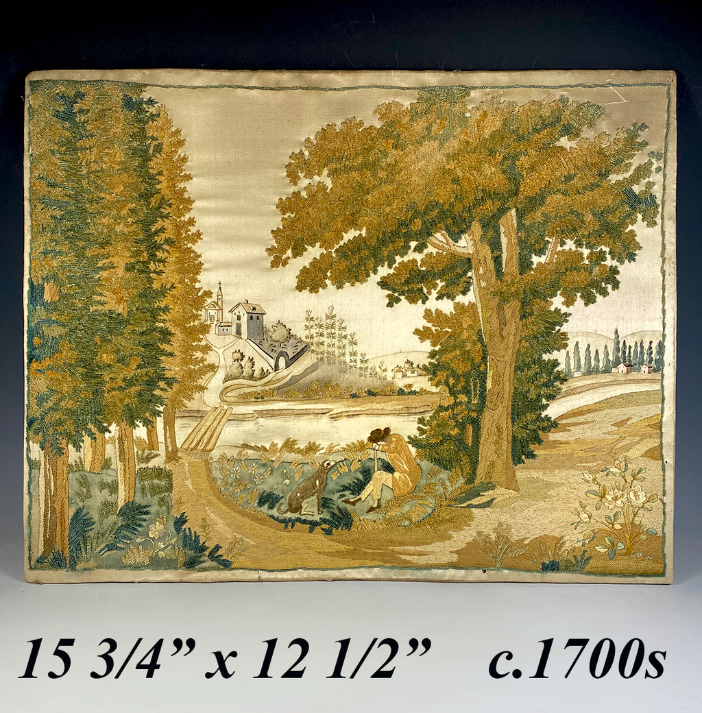 RARE 1700s French Silk Chenille Embroidery on Silk, Landscape with Man and Dog, Church