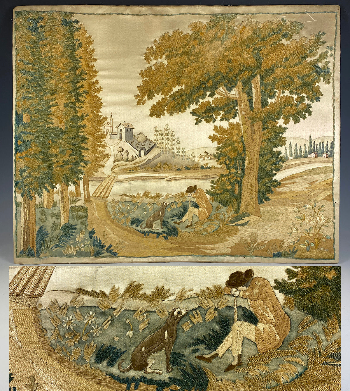 RARE 1700s French Silk Chenille Embroidery on Silk, Landscape with Man and Dog, Church