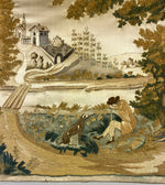 RARE 1700s French Silk Chenille Embroidery on Silk, Landscape with Man and Dog, Church