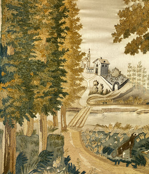 RARE 1700s French Silk Chenille Embroidery on Silk, Landscape with Man and Dog, Church