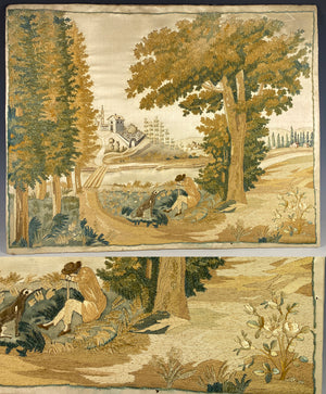 RARE 1700s French Silk Chenille Embroidery on Silk, Landscape with Man and Dog, Church