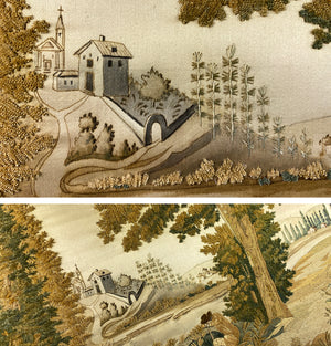 RARE 1700s French Silk Chenille Embroidery on Silk, Landscape with Man and Dog, Church