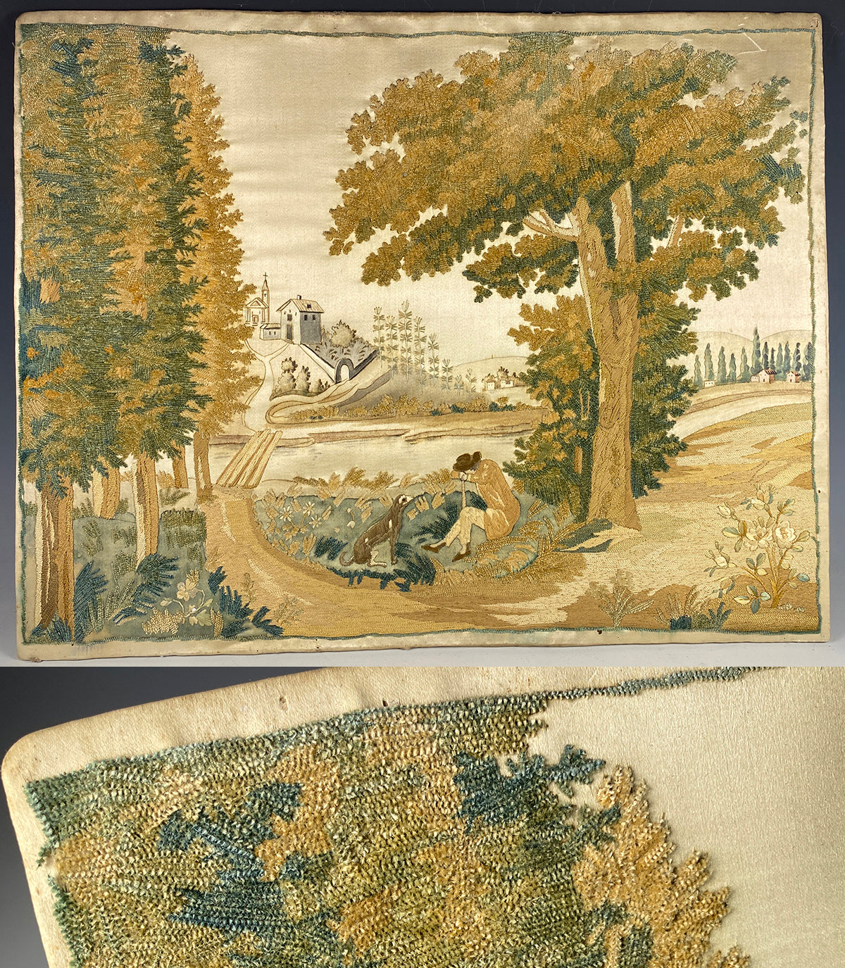 RARE 1700s French Silk Chenille Embroidery on Silk, Landscape with Man and Dog, Church