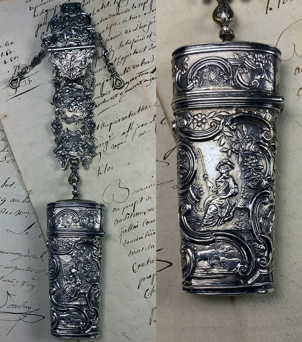 Antique c.1750s French 9 5/8" Long Châtelaine and Necessaire, Sewing Etui, Silver