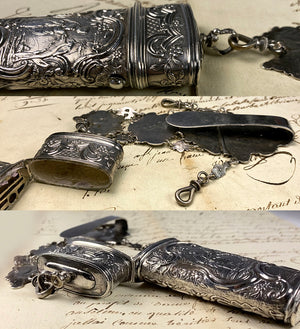 Antique c.1750s French 9 5/8" Long Châtelaine and Necessaire, Sewing Etui, Silver