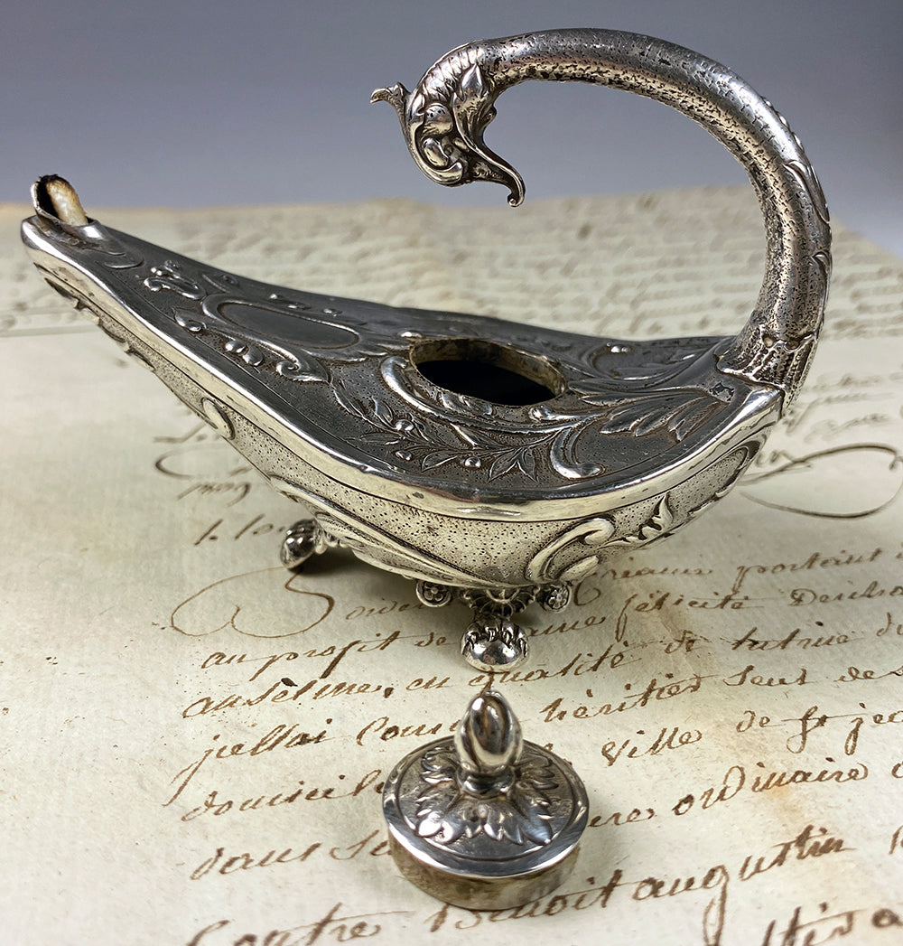 Fine Antique Sterling Silver Aladdin's Style Oil Lamp Form Cigar Lighter with Wick, Griffen