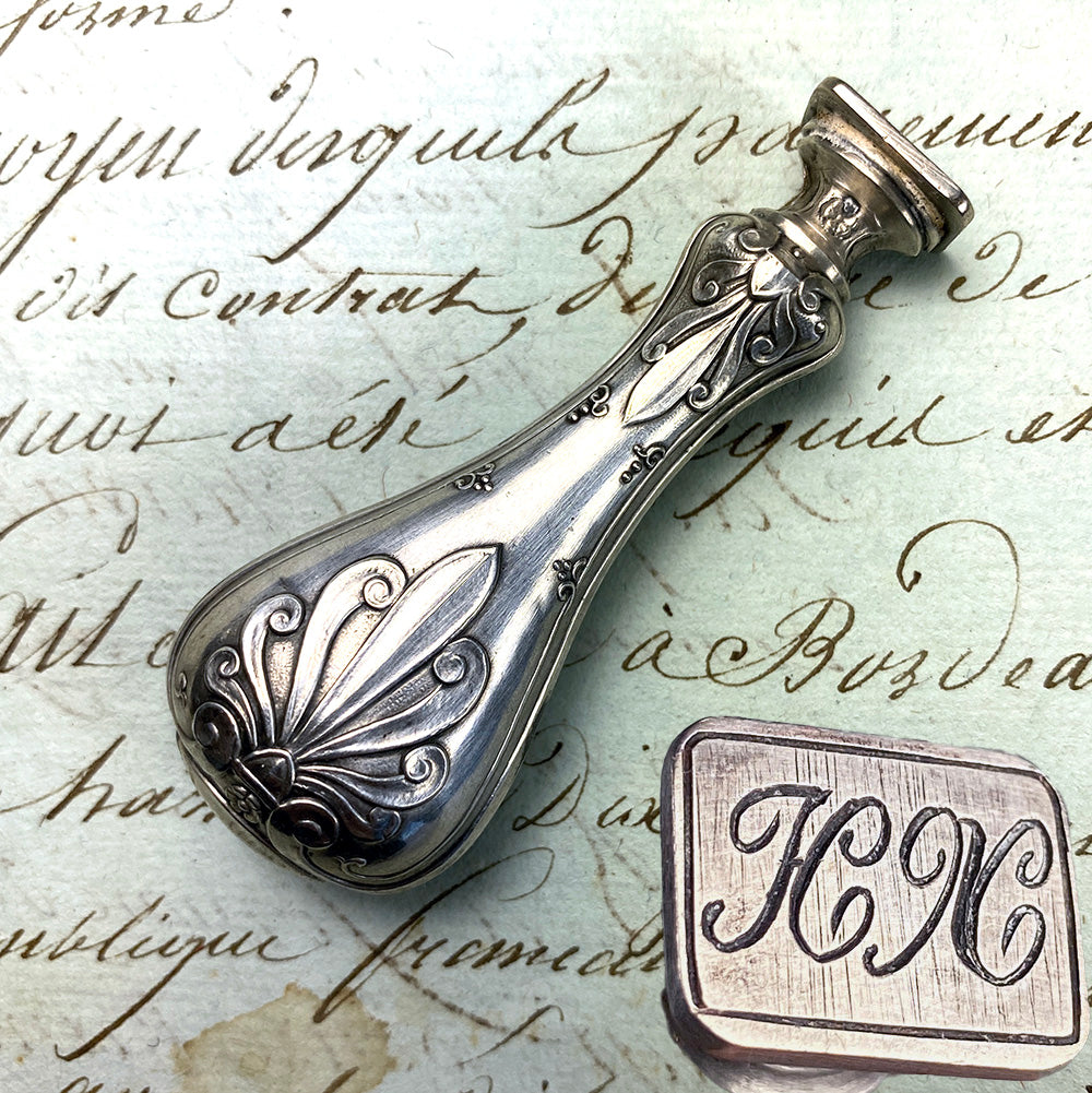 Elegant Antique French .800/1000 Silver Wax Seal, Sceau, Monogram H N, Boar's Head Mark