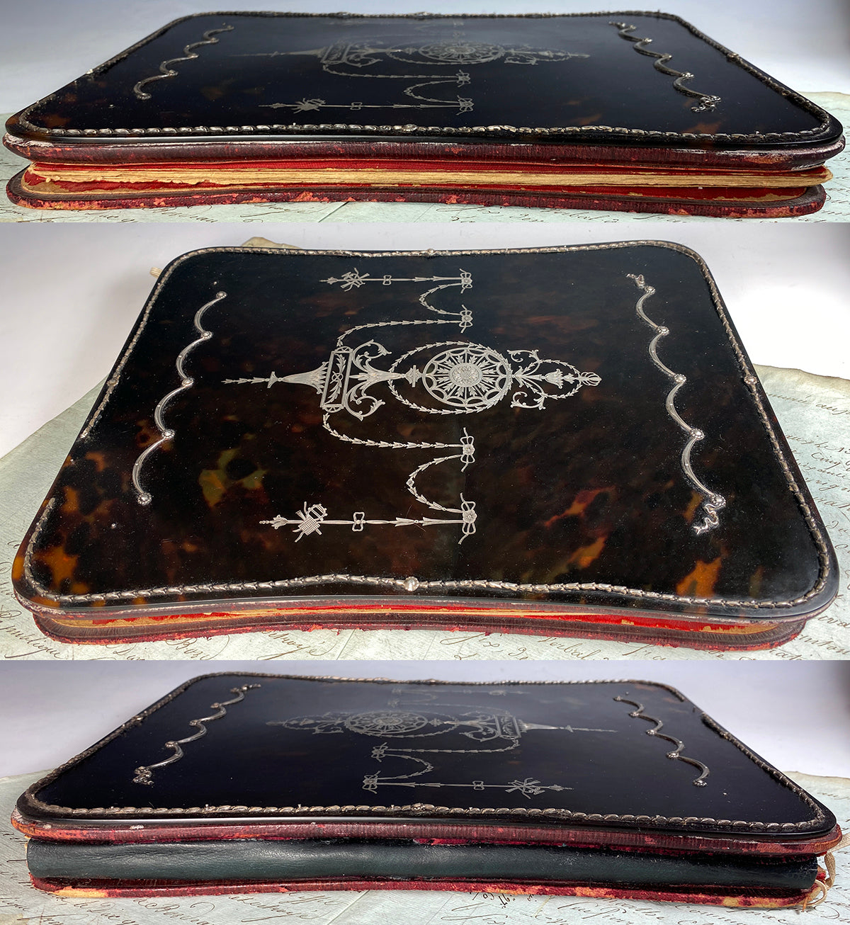 RARE Antique c.1850s French Tortoise Shell and Sterling Silver Folio, Blotter, Stationery Box, 12" x 9"