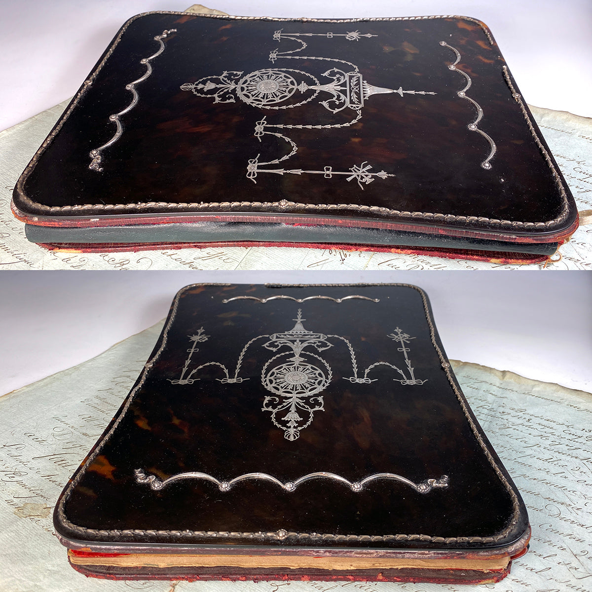 RARE Antique c.1850s French Tortoise Shell and Sterling Silver Folio, Blotter, Stationery Box, 12" x 9"