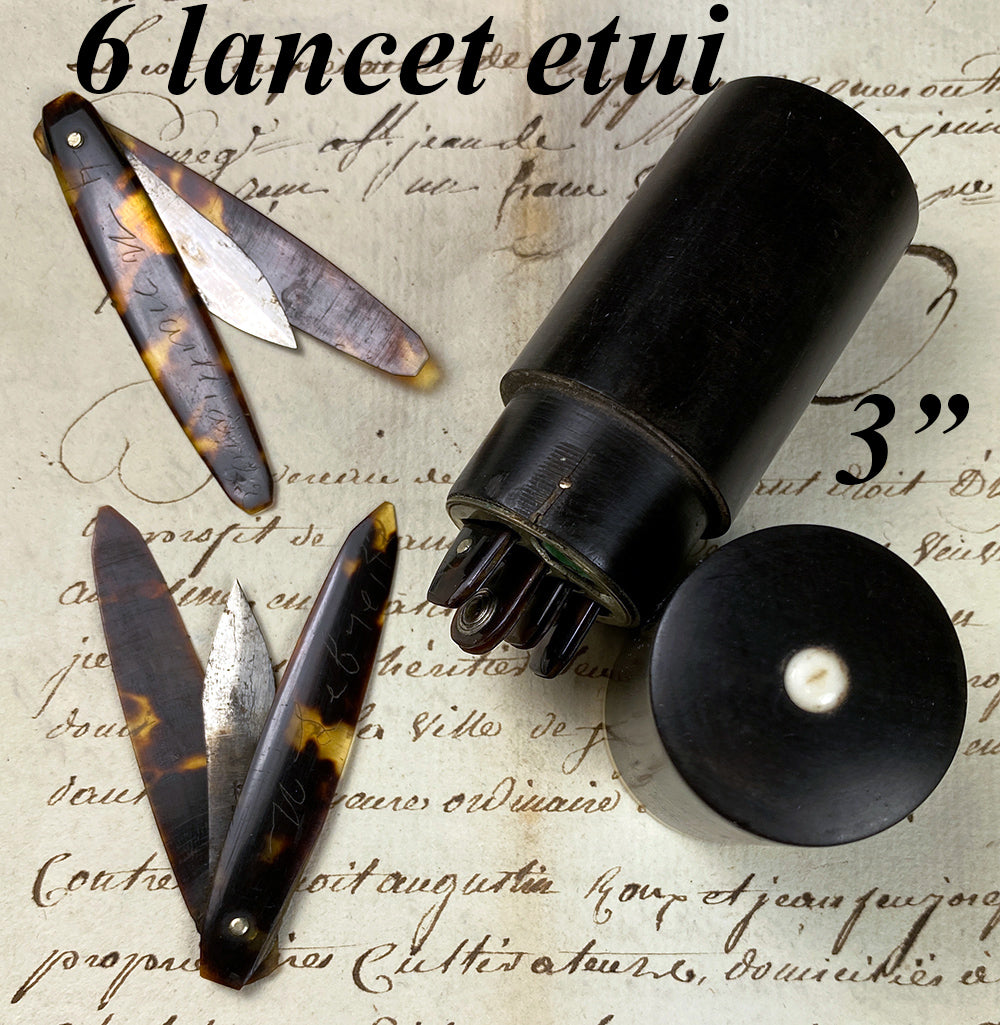 Antique 18th century French Doctor's Lancet Set of 6, Tortoise Shell Etui, Case, Necessaire