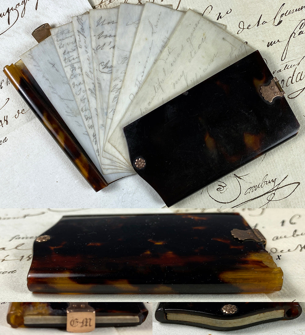 Antique Victorian Era Tortoise Shell Necessaire, Aide Memoire, Diary, Carnet Bal, 16k Gold Clasp w/Monogram