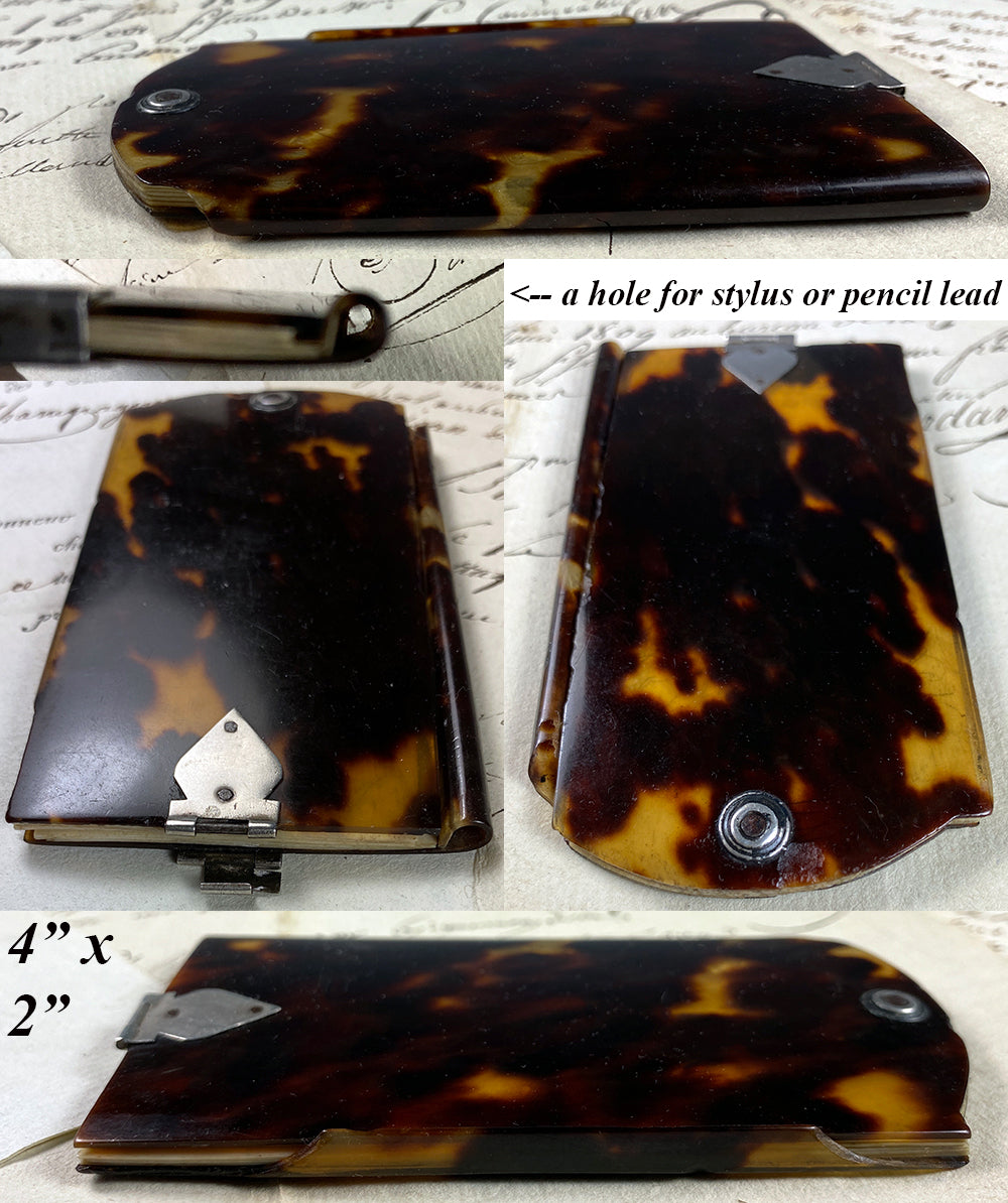 Antique French Tortoise Shell Aide Memoire, Carnet Bal, Necessaire, Notebook, Sterling Silver Mount