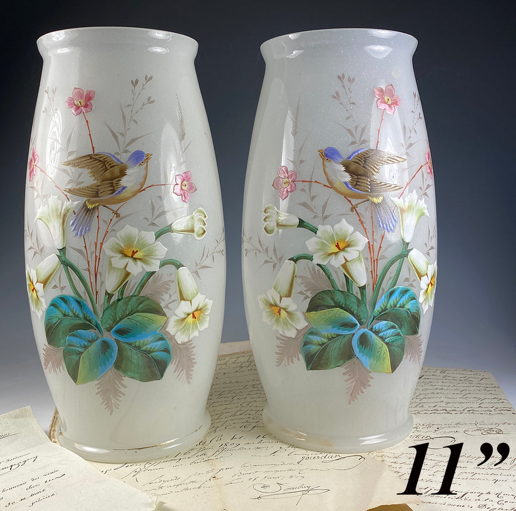 Huge 11" Tall PAIR (2) Antique French Opaline Alter Vases, LeGras, Thick Enamel Florals and Birds, Lily