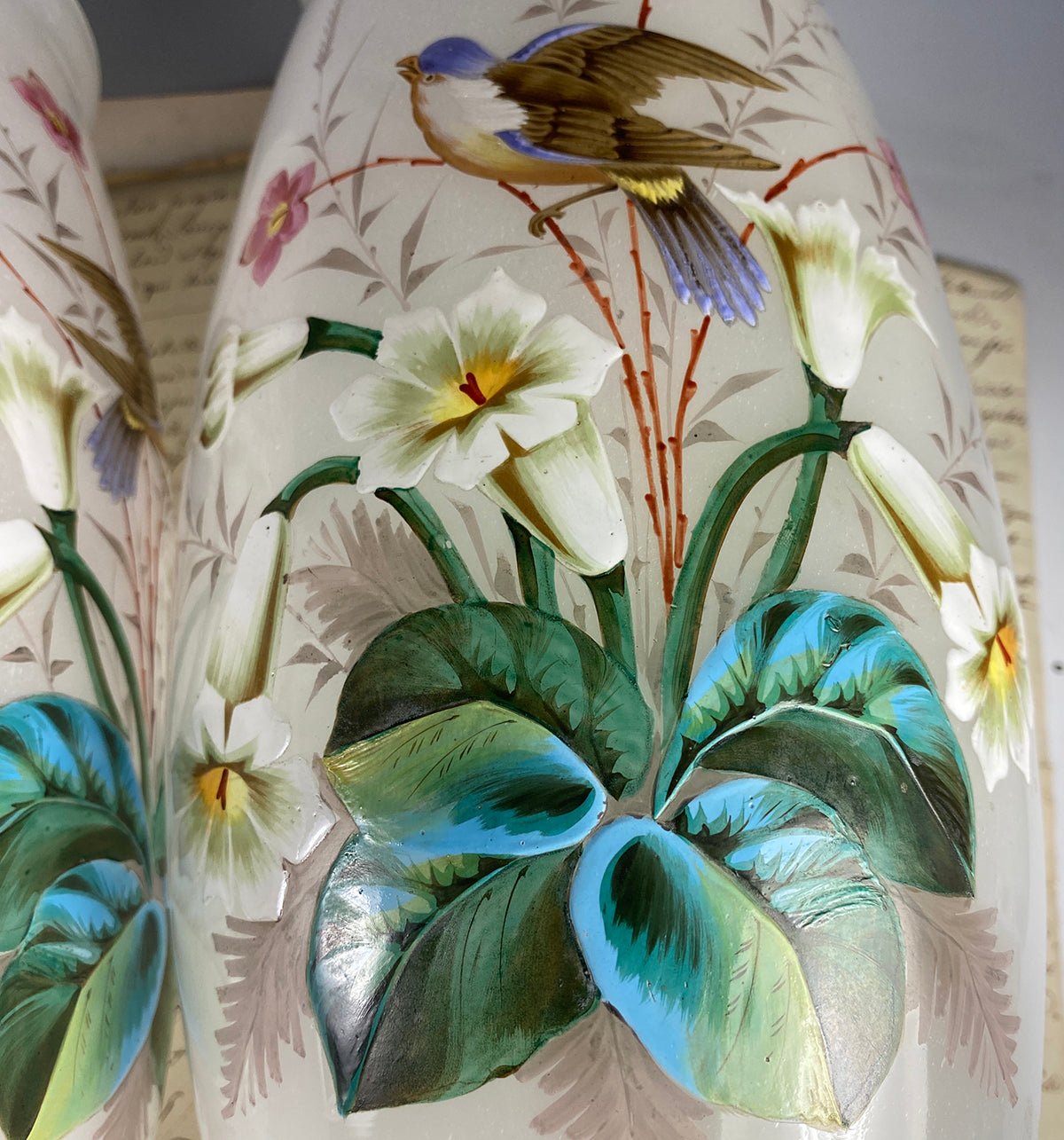 Huge 11" Tall PAIR (2) Antique French Opaline Alter Vases, LeGras, Thick Enamel Florals and Birds, Lily