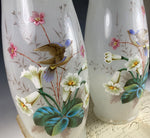 Huge 11" Tall PAIR (2) Antique French Opaline Alter Vases, LeGras, Thick Enamel Florals and Birds, Lily