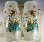 Huge 11" Tall PAIR (2) Antique French Opaline Alter Vases, LeGras, Thick Enamel Florals and Birds, Lily