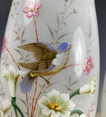 Huge 11" Tall PAIR (2) Antique French Opaline Alter Vases, LeGras, Thick Enamel Florals and Birds, Lily