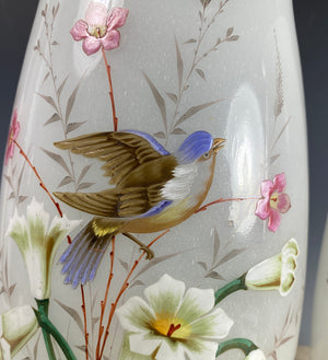 Huge 11" Tall PAIR (2) Antique French Opaline Alter Vases, LeGras, Thick Enamel Florals and Birds, Lily