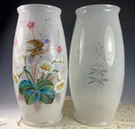 Huge 11" Tall PAIR (2) Antique French Opaline Alter Vases, LeGras, Thick Enamel Florals and Birds, Lily