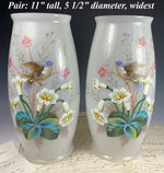 Huge 11" Tall PAIR (2) Antique French Opaline Alter Vases, LeGras, Thick Enamel Florals and Birds, Lily