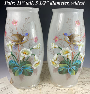 Huge 11" Tall PAIR (2) Antique French Opaline Alter Vases, LeGras, Thick Enamel Florals and Birds, Lily